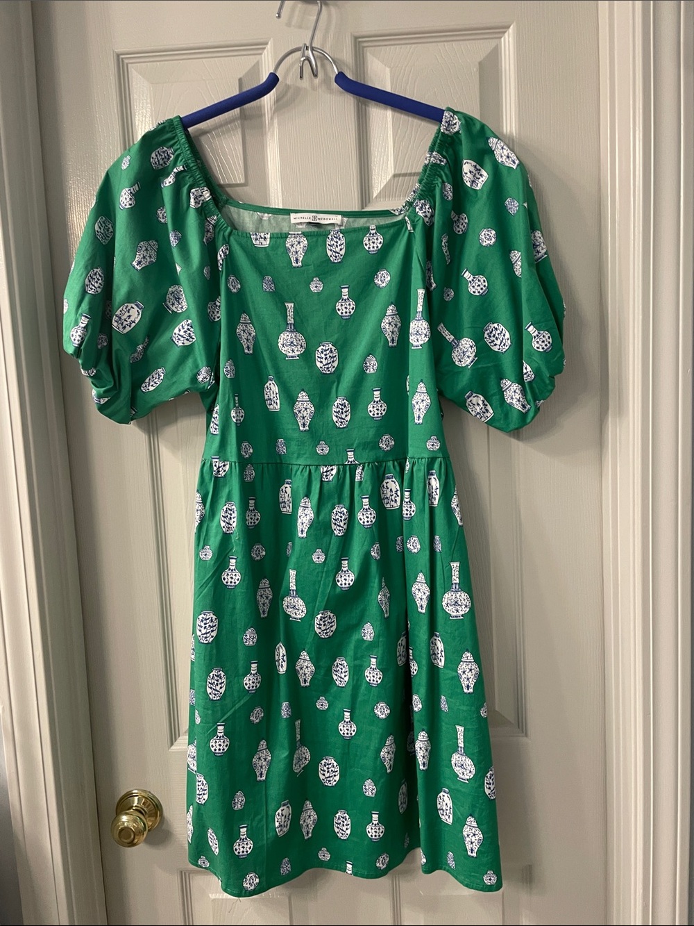 Emerald Green Puff-Sleeve Print Dress